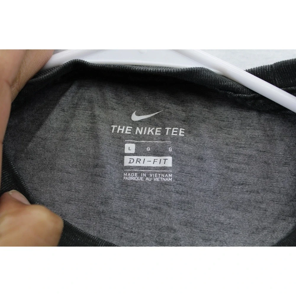 Nike Dri-Fit Gray Pink Swoosh Athletic T-Shirt Size L Running Workout Tee